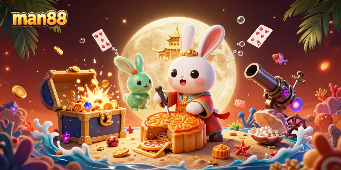 Engage in thrilling gameplay with man88, featuring a festive moon-themed casino scene overflowing with poker chips and treasures.